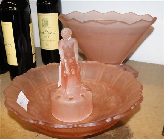 Art Deco style glass planter on stand and a dish with figured centre (a.f.)